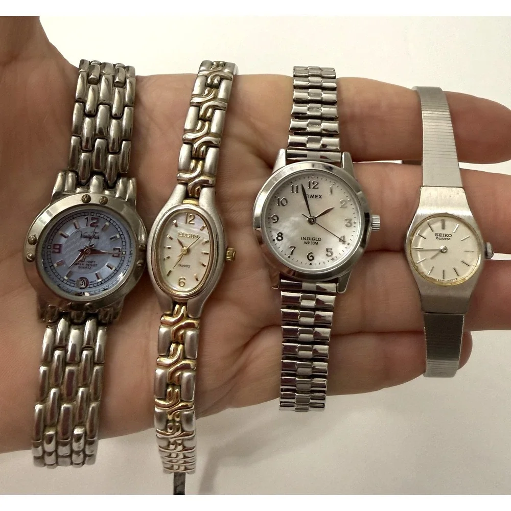 Lot of 4 Watches Quartz Gold Tone Silver Tone Seiko, Elgin, Timex, Vanity Fair